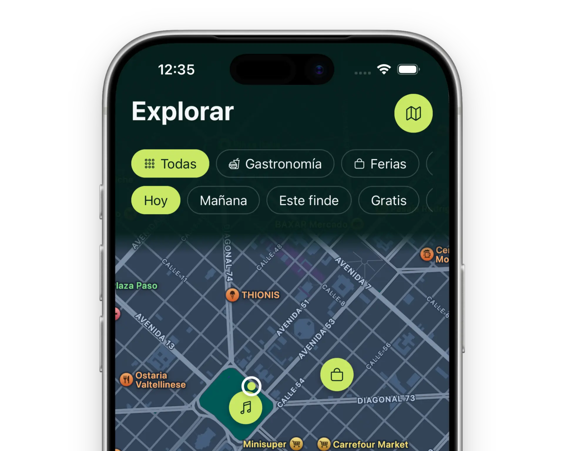 Entre Planes App — pantalla de exploración de eventos cercanos
