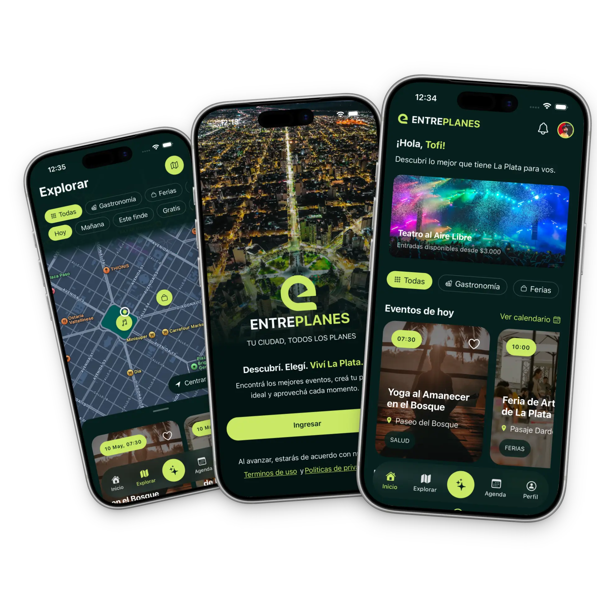 Entre Planes App — 3 pantallas principales